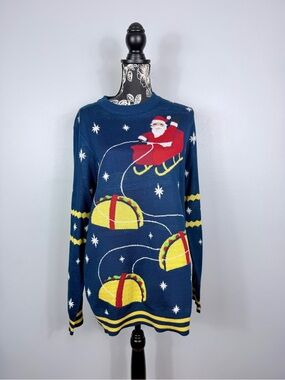 Tipsy Elves blue long sleeve Santa taco Christmas holiday sweater size large